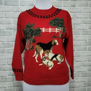 Vintage 80s 90s Charter‎ Club Petites Womens Wool Beagle Dog Hunting Sweater
